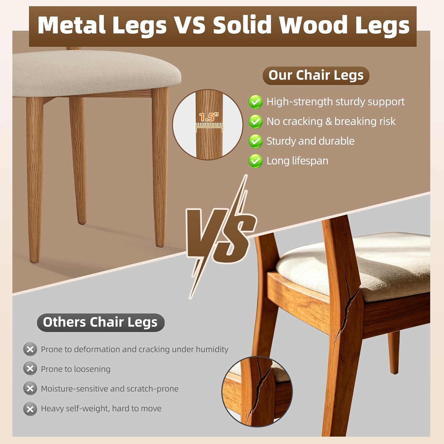 Dining Chairs Set of 4, Modern Fabric Upholstered Dining Room Chair MetalKitchen Chairs, Farmhouse Dinner Chair for Kitchen Dining Room, Beige — Beige Seat /Wood-grain Metal Legs / 4 (8)