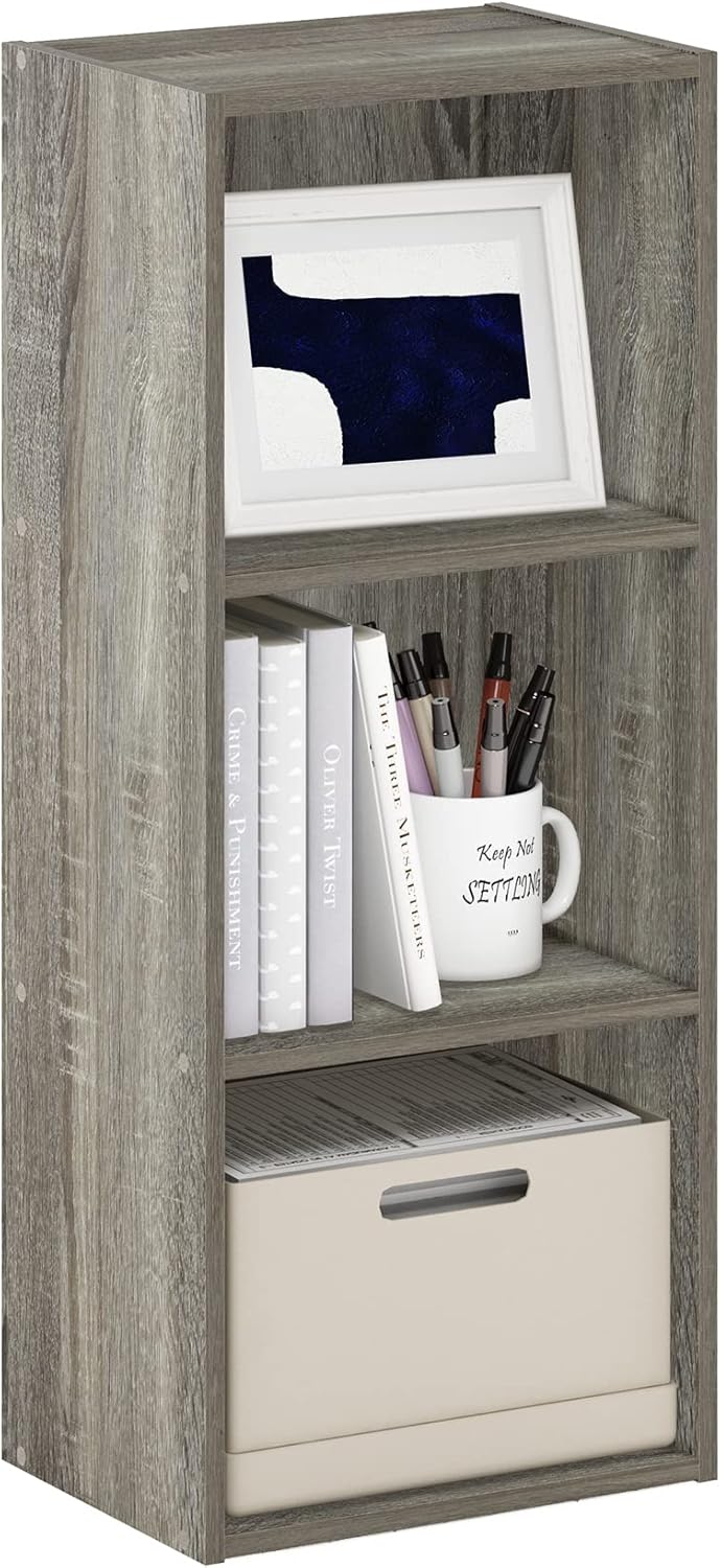 Furinno LUDER Book Shelf, 5-Cube Bookshelf, Reversible Bookcase, 9.4 x 19.5 x 31.5, Easy Assembly, for Living Room, Bedroom, Home Office, White — French Oak / 3-Tier Cube