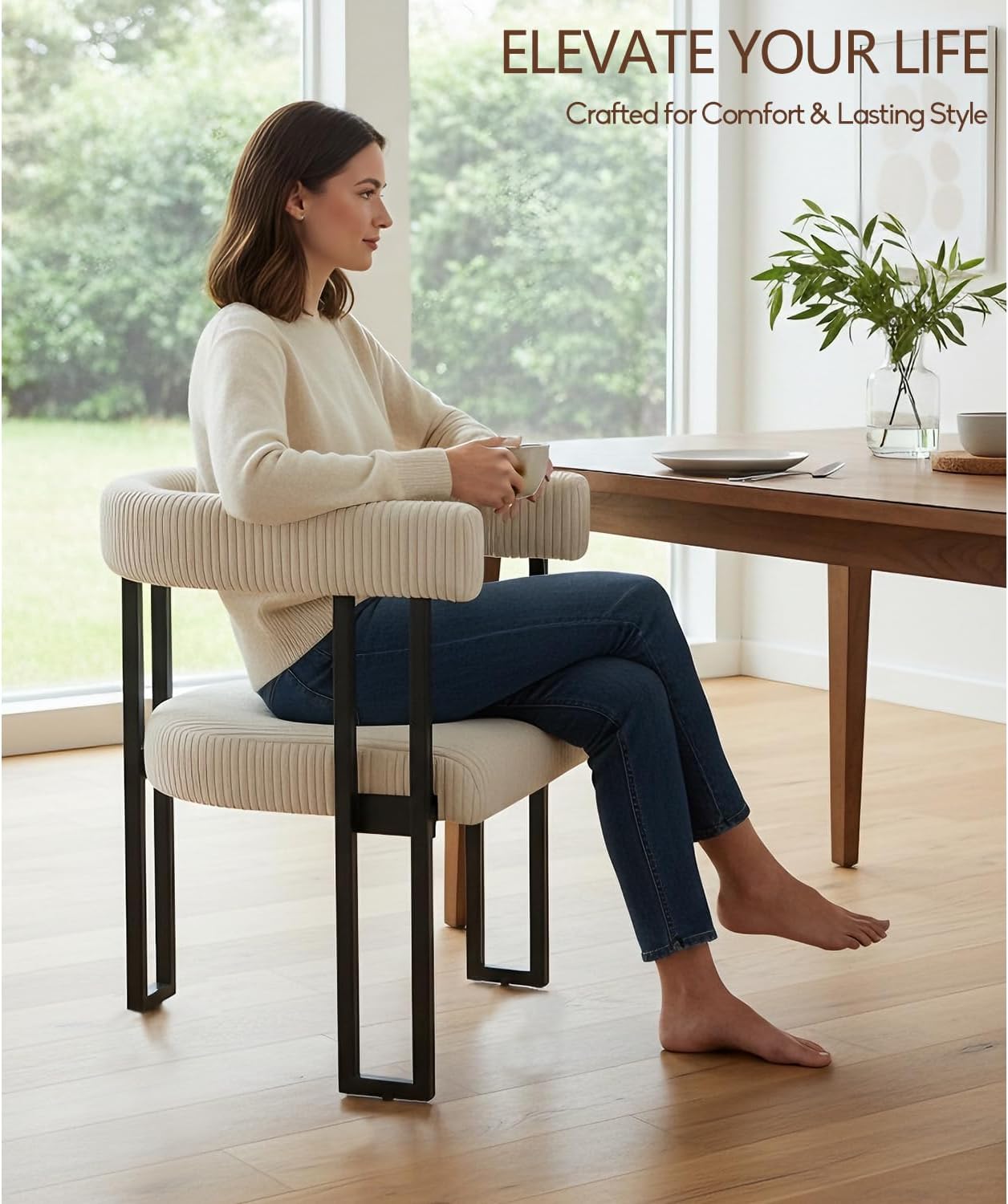 VIRRMO Boucle Dining Chair Set of 4 Corduroy Upholstered Dining Room Chairs Kitchen Chairs with Metal Legs Mid Century Modern Chair for Dining Room, Kitchen (Cream, 4) — Cream / 4 (3)