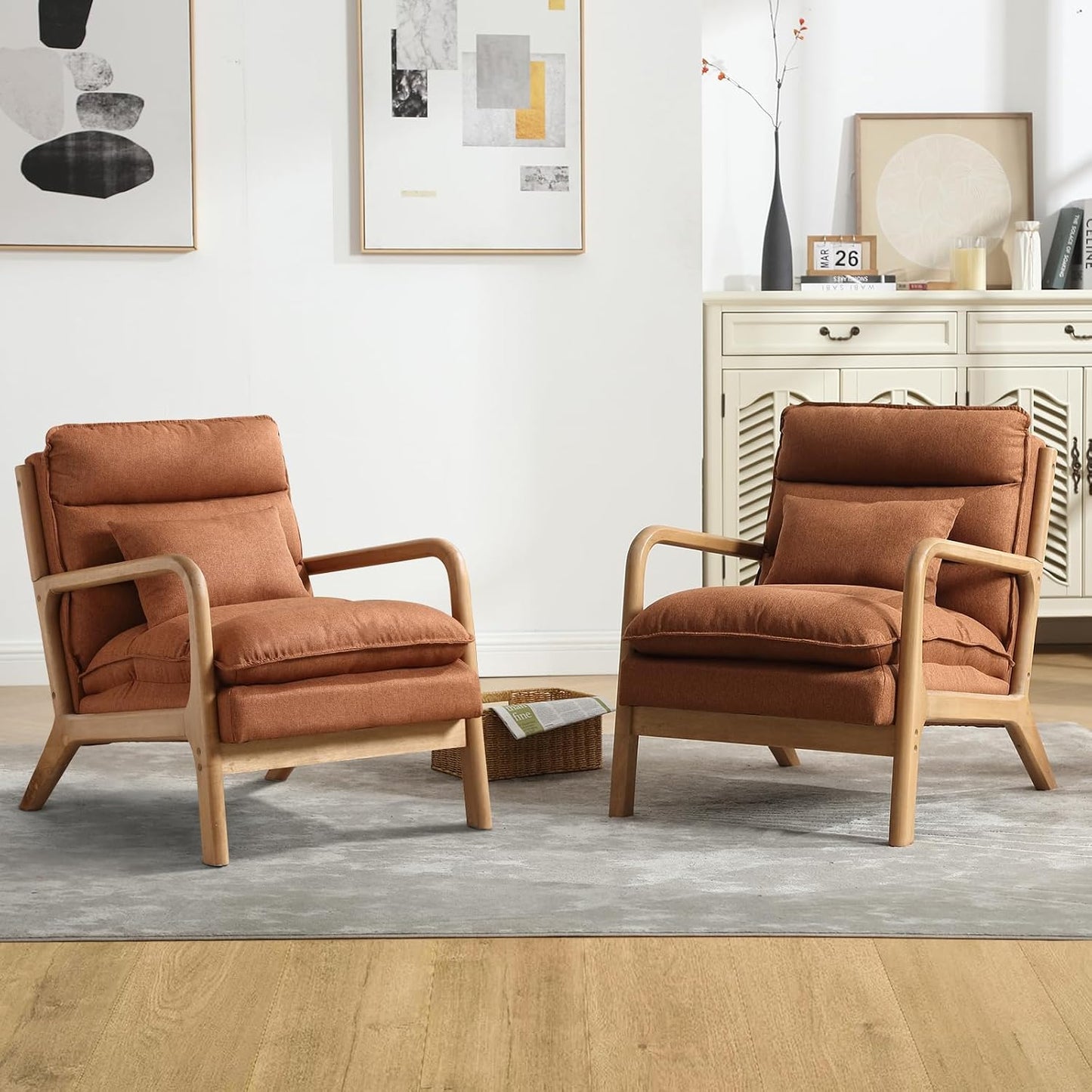 INZOY Mid Century Modern Accent Chair with Wood Frame, Upholstered Living Room Chairs with Waist Cushion, Reading Armchair for Bedroom Sunroom (Beige) — Brown / Modern