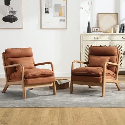 INZOY Mid Century Modern Accent Chair with Wood Frame, Upholstered Living Room Chairs with Waist Cushion, Reading Armchair for Bedroom Sunroom (Beige) — Brown / Modern