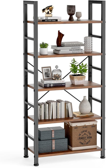 DUMOS 5-Tier Bookshelf, Modern Tall Bookcase Book Shelf | Open Storage Display Shelf for Living Room, Bedroom, Home Office, Narrow Standing Shelving Unit for Books, CDs, Décor Black — Brown / 5 Tier