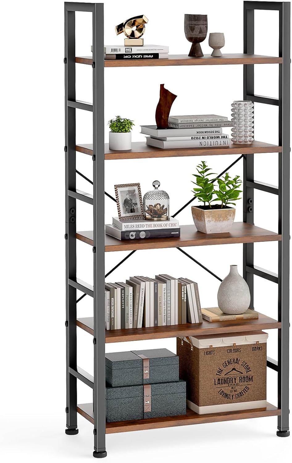 DUMOS 5 Tiers Bookshelf, Classical Modern Book Shelf, Tall Display Shelves in Living Room/Home/Office, Storage Organizer for CDs/Books/Movies, Rustic Brown | Tall Display Shelves in Living Room/Home/Office, Storage Organizer for CDs/Books/Movies, Rustic B