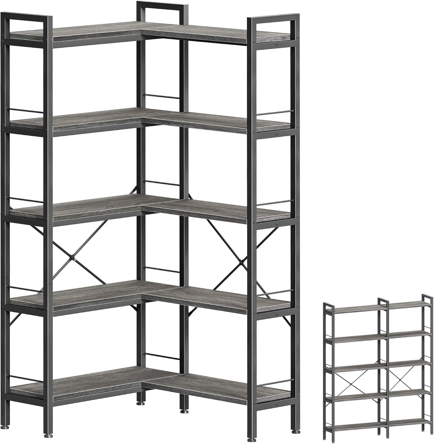 Huuger 5 Tier Bookshelf, L Shaped Corner Bookshelf with 10 Open Shelves, 49.4 Inch Straight Wide Bookcase with Metal Frame and Wooden Board, Adjustable Feet, Rustic Brown — 5 Tier / Grey