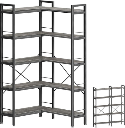 Huuger 5 Tier Bookshelf, L Shaped Corner Bookshelf with 10 Open Shelves, 49.4 Inch Straight Wide Bookcase with Metal Frame and Wooden Board, Adjustable Feet, Rustic Brown — 5 Tier / Grey