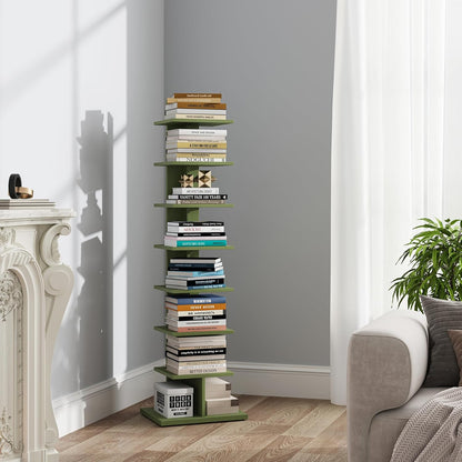 TUTOTAK Book Shelf, Narrow Spine Bookshelf, 8-Tier Bookcase for Small Space | 10.4 x 13.4 x 47.5 Inches Vertical Freestanding Corner Shelf for Living Room, Office, Study, Entryway, Brown BS06BB008 — 8 Tier / Olive Green