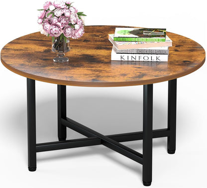 FAMIDGE Coffee Table, 23.6" Coffee Tables for Living Room, Round Coffee Table with Metal Frame, Floor Table for Sitting on The Floor, Home, Office, Black — Rustic Brown / 1 Tier