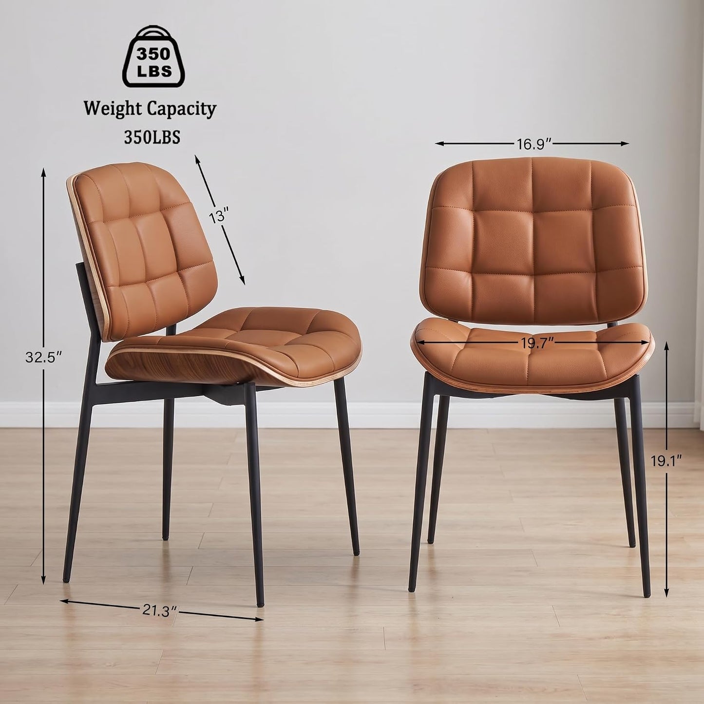 GrandNoor Mid Century Modern Dining Chairs with Walnut Grain Back, Brown Faux Leather Dining Room Chairs Set of 2, Checkered Soft Cushion Kitchen Chairs with Adjustable Foot Pads — A-brown / Set of 2 (2)