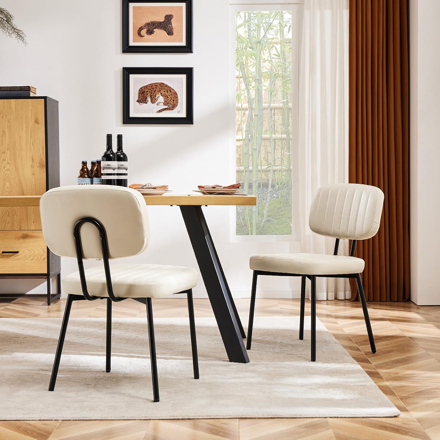 Sweetcrispy Dining Chairs Set of 2, Upholstered Mid Century Modern Kitchen Accent Chairs with Faux Leather Cushion Seat & Metal Legs for Home Office, Living Room-Beige White — Beige White / Set of 2