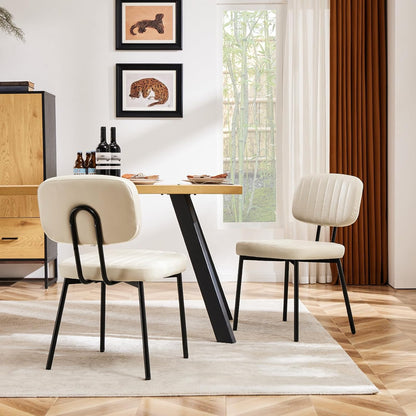 Sweetcrispy Dining Chairs Set of 2, Upholstered Mid Century Modern Kitchen Accent Chairs with Faux Leather Cushion Seat & Metal Legs for Home Office, Living Room-Beige White — Beige White / Set of 2