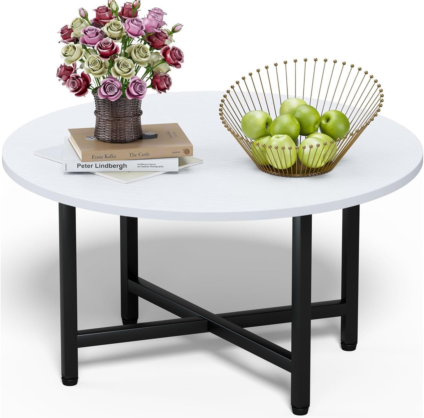 FAMIDGE Coffee Table, 23.6" Coffee Tables for Living Room, Round Coffee Table with Metal Frame, Floor Table for Sitting on The Floor, Home, Office, Black — Black Leg & White / 1 Tier