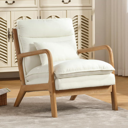INZOY Mid Century Modern Accent Chair with Wood Frame, Upholstered Living Room Chairs with Waist Cushion, Reading Armchair for Bedroom Sunroom (Beige) — White / Classic