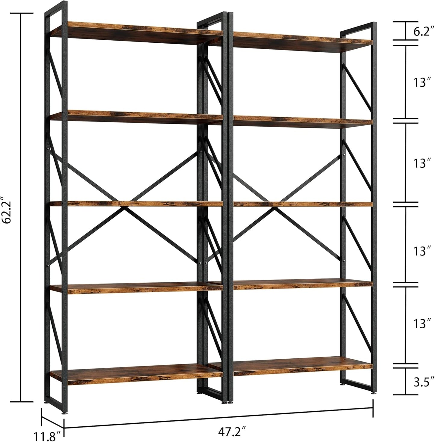 Shintenchi 5 Tiers Bookshelf, Classically Tall Bookcase Shelf, Industrial Book Rack, Modern Book Holder in Bedroom/Living Room/Home/Office, Storage Rack Shelves for Books/Movies-Rustic Brown — Rustic Brown (2)