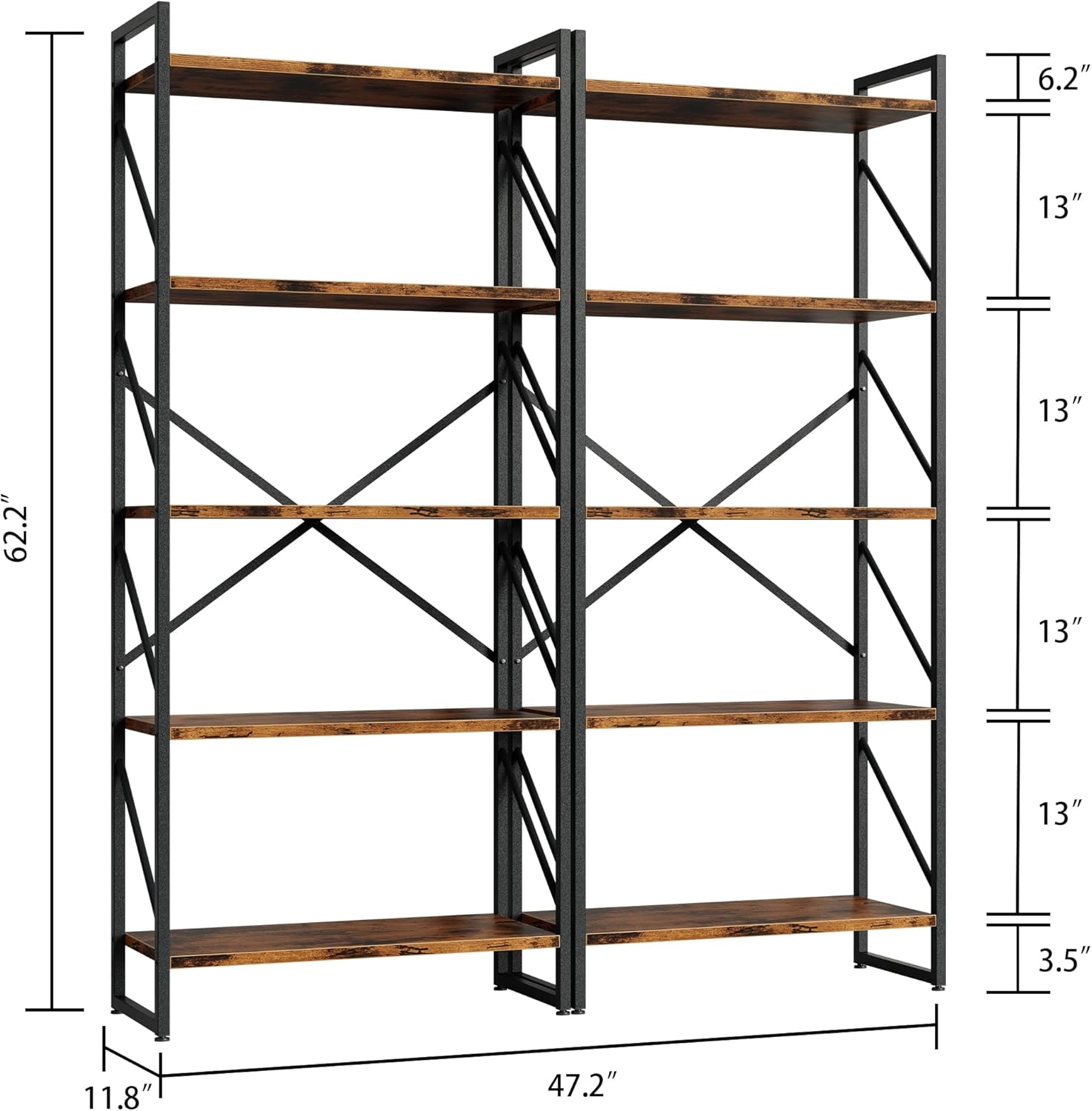 Shintenchi 5 Tiers Bookshelf, Classically Tall Bookcase Shelf, Industrial Book Rack, Modern Book Holder in Bedroom/Living Room/Home/Office, Storage Rack Shelves for Books/Movies-Rustic Brown — Rustic Brown (2)