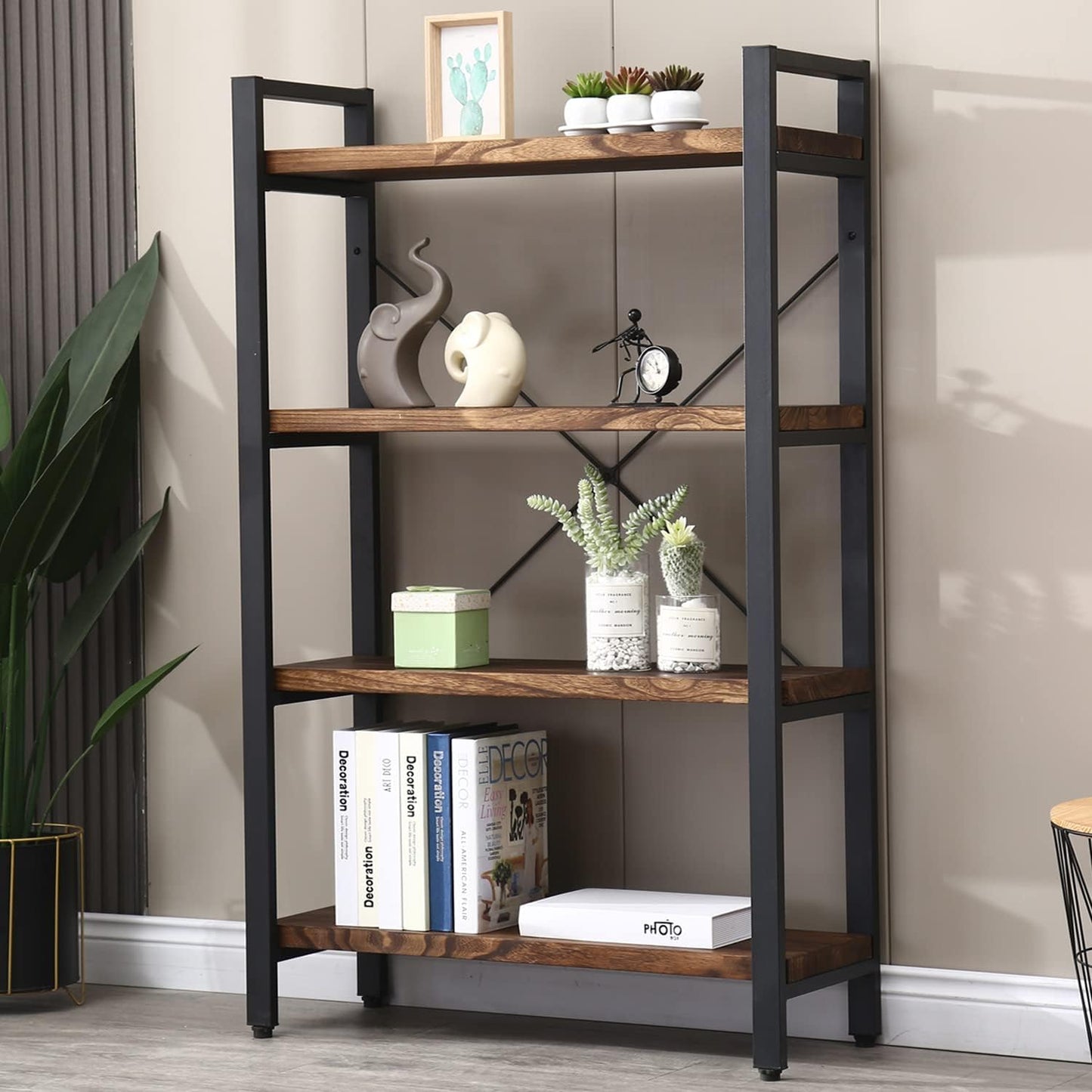WH-AOERPUMY 5 Tier Bookcase, Solid Wood Bookshelf Rustic Vintage Industrial Etagere Bookcase, Metal and Wood Free Vintage Bookshelf, Retro Brown (5-Tiers) — 4-Tiers-RealWood