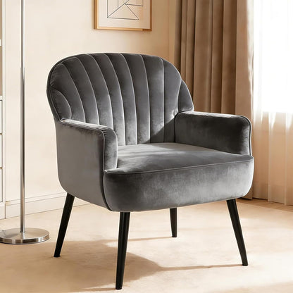 Velvet Accent Chair, Channel Tufted Shell Back Armchair, Ergonomic Upholstered Reading Chair with Wood Legs, Modern Single Sofa Chair for Living Room, Bedroom, Vanity (Gray) — Grey