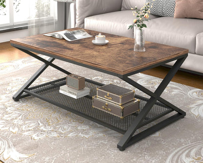 LVB Coffee Table for Living Room, 2 Tier Tea Table, 47 inch, Rustic Brown | Industrial Metal Wood Coffee Table with Storage, Farmhouse Wooden Rectangle Center Table with Mesh Shelf for Office Bedroom — Rustic Brown / 39 inch