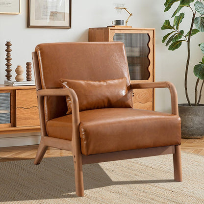 INZOY Mid Century Modern Accent Chair with Wood Frame, Upholstered Living Room Chairs with Waist Cushion, Reading Armchair for Bedroom Sunroom (Beige) — Camel / Classic