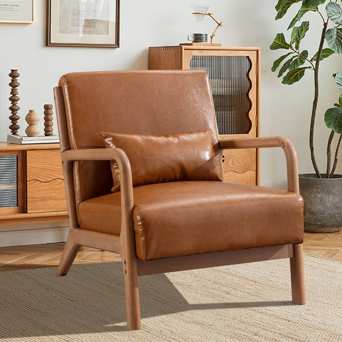 INZOY Mid Century Modern Accent Chair with Wood Frame, Upholstered Living Room Chairs with Waist Cushion, Reading Armchair for Bedroom Sunroom (Beige) — Camel / Classic