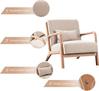 INZOY Mid Century Modern Accent Chair with Wood Frame, Upholstered Living Room Chairs with Waist Cushion, Reading Armchair for Bedroom Sunroom (Beige) — Beige / Classic (4)