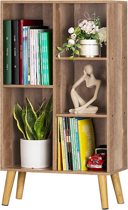 LEYAOYAO Cube Bookshelf 3 Tier Mid-Century Rustic Brown Modern Bookcase with Legs,Retro Wood Bookshelves Storage Organizer Shelf,Freestanding Open Book Shelves for Bedroom,Living Room,Office — Oak / 5 Cube with Legs