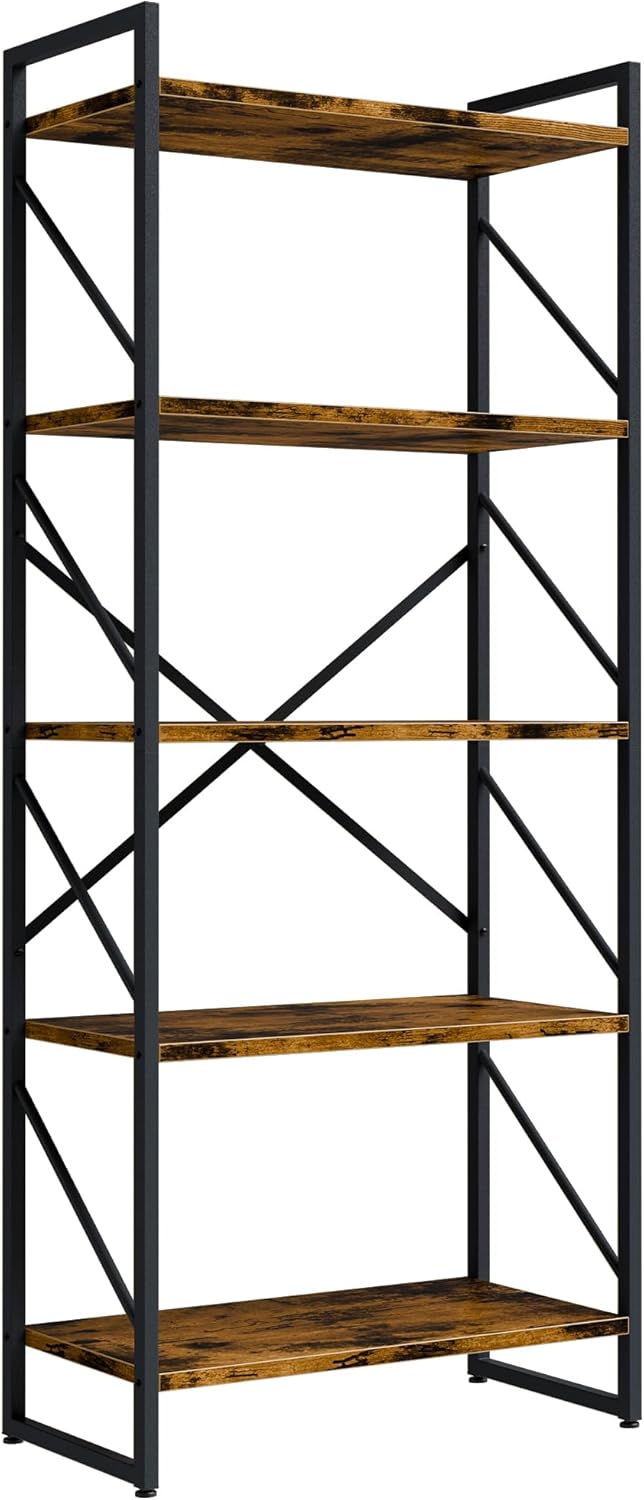 Shintenchi 5 Tiers Bookshelf, Classically Tall Bookcase Shelf, Industrial Book Rack, Modern Book Holder in Bedroom/Living Room/Home/Office, Storage Rack Shelves for Books/Movies-Rustic Brown — Rustic Brown (9)