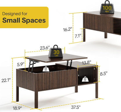 Fluted Lift Top Coffee Table with Hidden & Open Storage, Rectangle Modern Coffee Table for Living Room, Smooth Hydraulic Lift, Large Capacity, Safe Round Corners, Easy to Clean, Vertical Grain-Brown — Vertical Grain-brown (2)