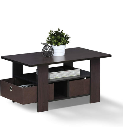 Furinno Coffee Table with Bins, Espresso/Brown — Amber Pine/Black / 2 Bin