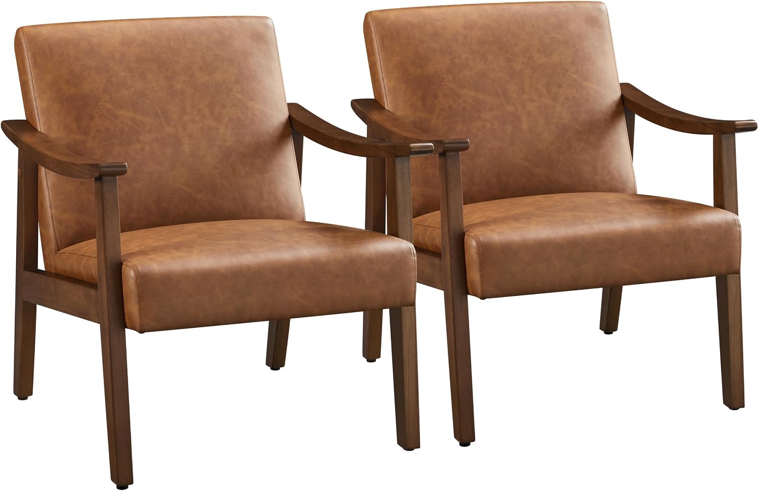 Yaheetech Faux Leather Accent Chair, Mid-Century Modern Armchair with Solid Wood Legs, Reading Leisure Chair with High Back for Living Room Bedroom Waiting Room, Set of 2, Brown — Brown / Faux Leather