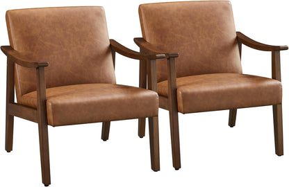 Yaheetech Faux Leather Accent Chair, Mid-Century Modern Armchair with Solid Wood Legs, Reading Leisure Chair with High Back for Living Room Bedroom Waiting Room, Set of 2, Brown — Brown / Faux Leather