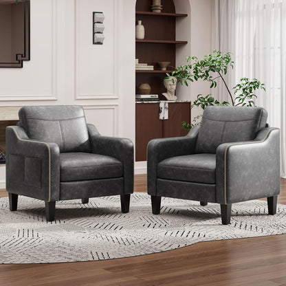 MALOL PU Leather Accent Chair, Mid-Century Modern Living Room Armchair Sofa with Removable Cushions, Solid Wood Frame & Stitched Armrest Design, Bedroom Chair with Plastic Legs, Chocolate Brown