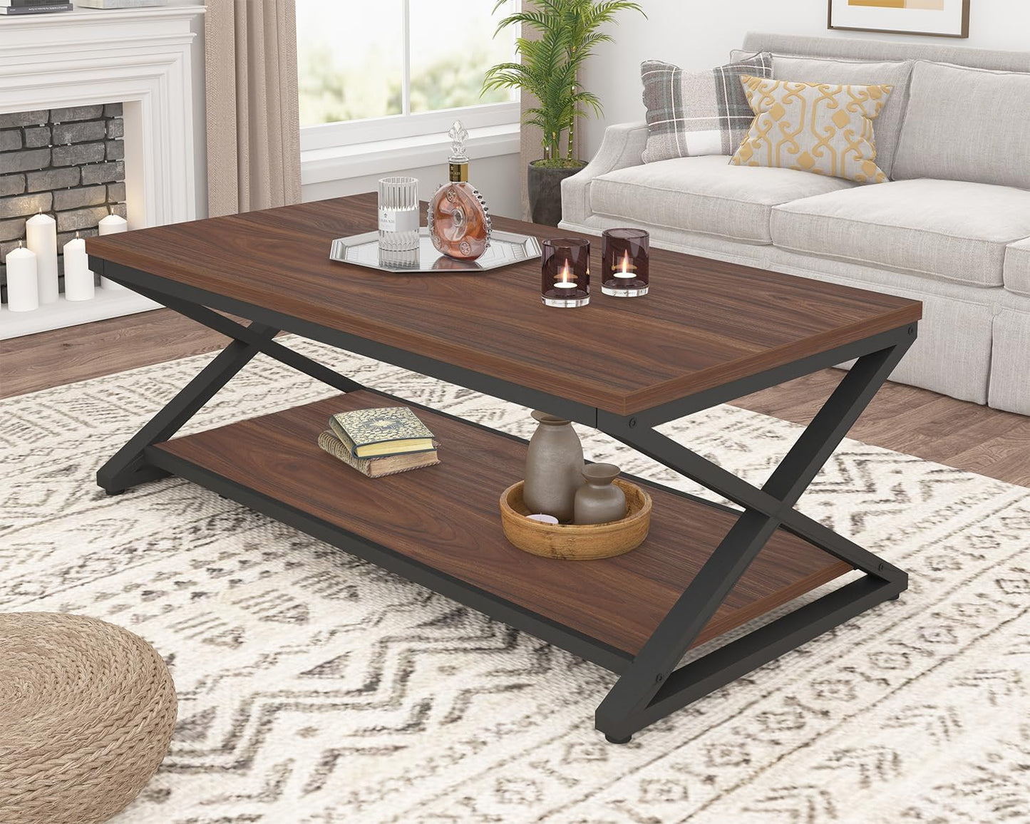 HSH Rustic Farmhouse Coffee Table, Modern Minimalist Wood and Metal Living Room Table, 2 Tie Rectangle Center Table with Storage & Display Shelf, Simple Office Cocktail Tea Table, Rustic Oak, 39 Inch — 39 Inch / Walnut