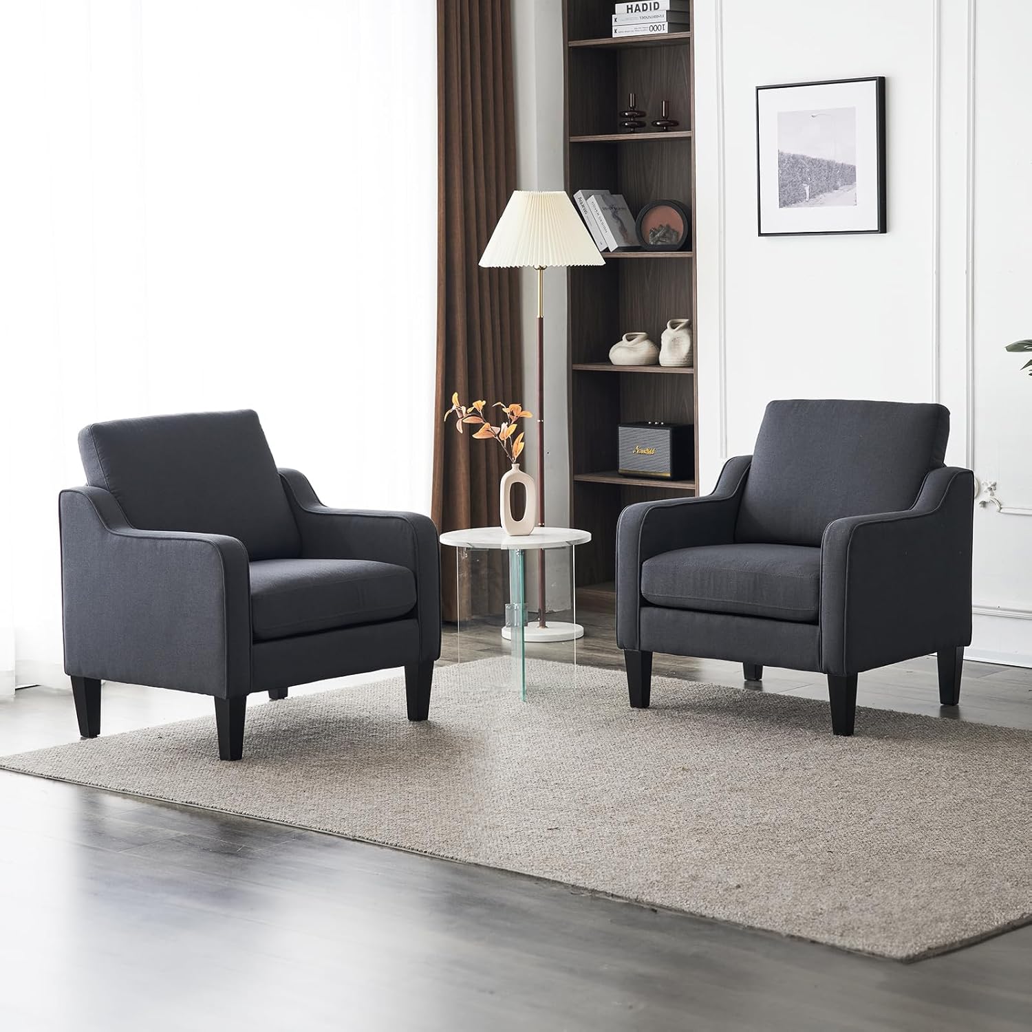 VINGLI Modern Accent Chairs Set of 2, Beige Living Room Chairs Comfy Armchair for Bedroom, Upholstered Sofa Chair Reading Chair for Small Spaces, Apartment, Waiting Room — 2 / Dark Grey Linen
