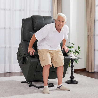 MCombo Electric Power Lift Recliner Chair Sofa with Massage and Heat for Elderly, 3 Positions, 2 Side Pockets, and Cup Holders, USB Ports, Faux Leather 7040 (Grey, Medium) — Medium / Grey (5)