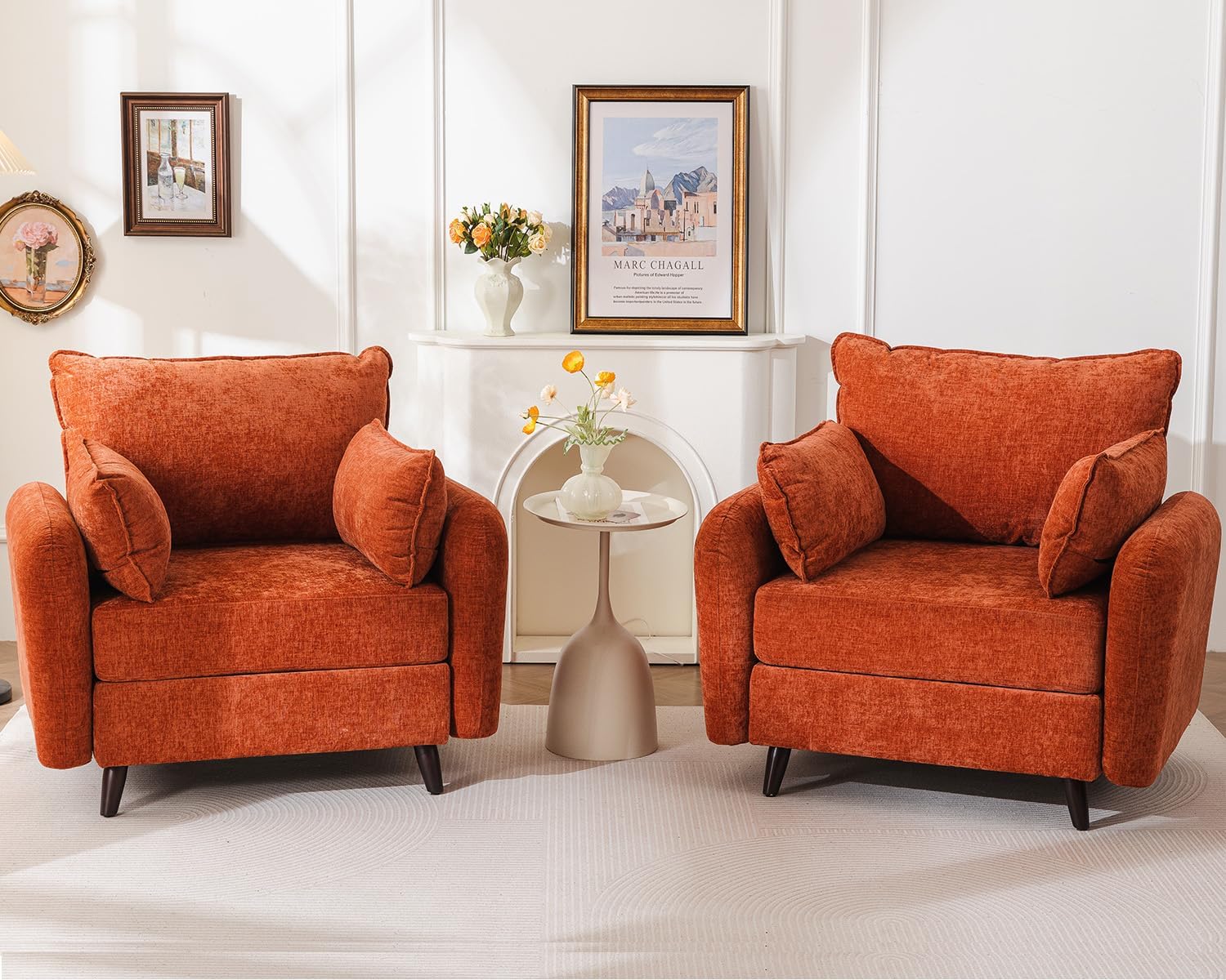 Rexulqo Oversized Accent Chair with All Seats Storage,Comfy Living Room Chairs with 2 Throw Pillow,Upholstered Mid-Century Armchair,24.5'' Deep Seat,Reading Chair for Bedroom,Office,Chenille,Orange — 2*Chair / Orange-red
