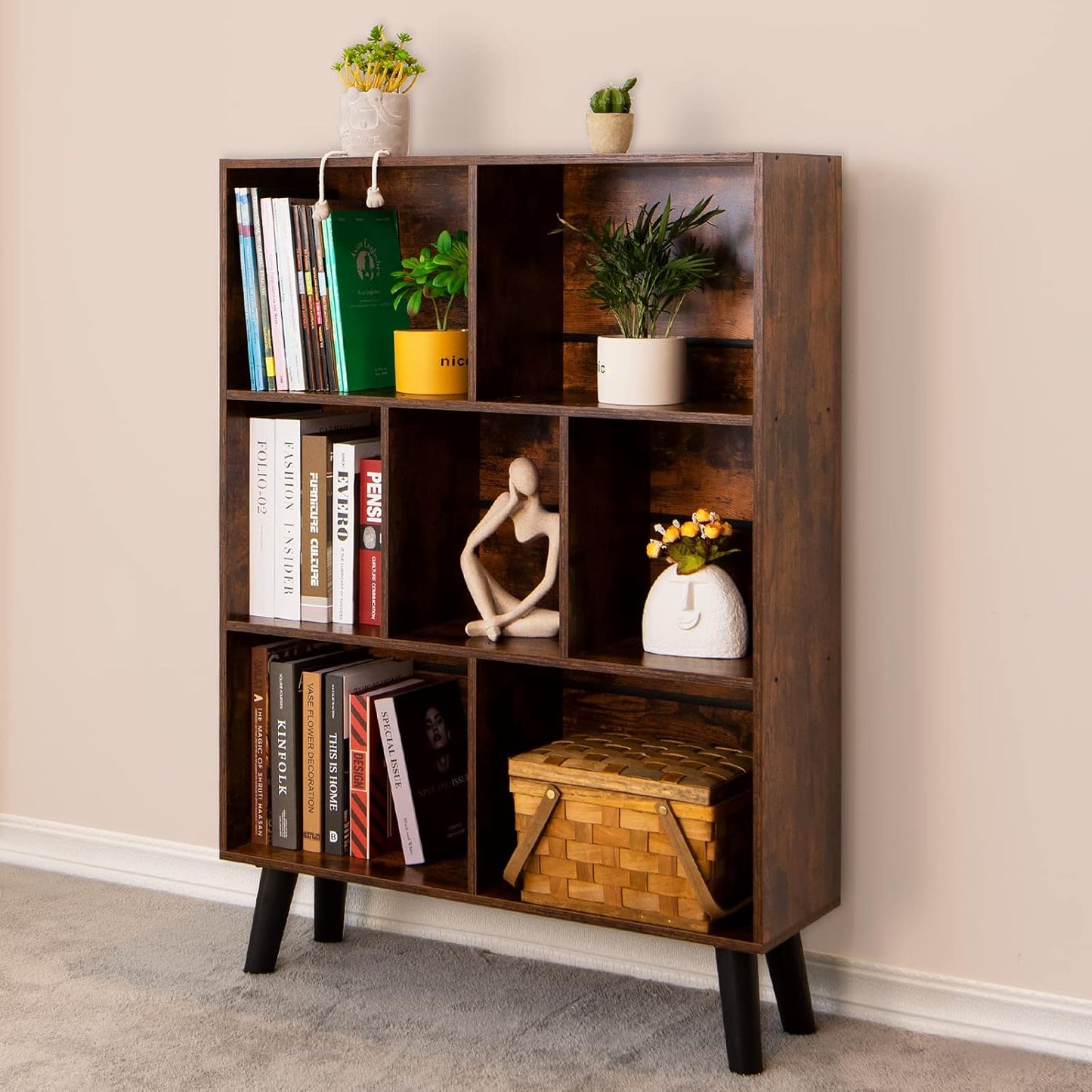 LEYAOYAO Cube Bookshelf 3 Tier Mid-Century Rustic Brown Modern Bookcase with Legs,Retro Wood Bookshelves Storage Organizer Shelf,Freestanding Open Book Shelves for Bedroom,Living Room,Office — Brown / 7 Cube with Legs