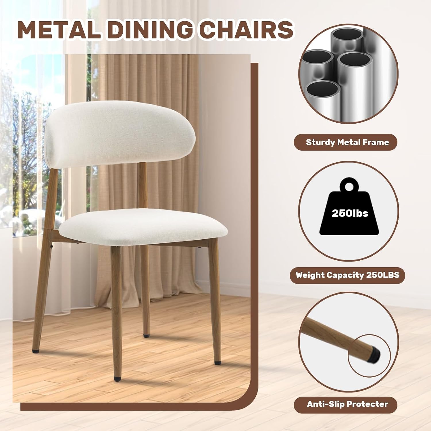 UVV Dining Chairs Set of 4, Metal Kitchen Chairs with Modern Fabric Upholstered for Dining Room, Beige — Beige Seat /Wood-grain Metal Legs / 4 (6)