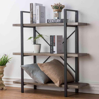 HSH White Bookshelf, 6 Tier Tall Bookcases for Bedroom Living Room Office | Industrial Modern Vertical Metal and Wood Bookcases, Farmhouse 6 Shelf Open Large Storage Book Shelves Display Book Shelf — 3-Tier / Light Grey Oak