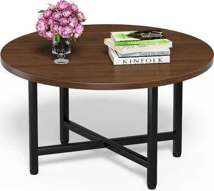 FAMIDGE Coffee Table, 23.6" Coffee Tables for Living Room, Round Coffee Table with Metal Frame, Floor Table for Sitting on The Floor, Home, Office, Black — Dark Walnut / 1 Tier