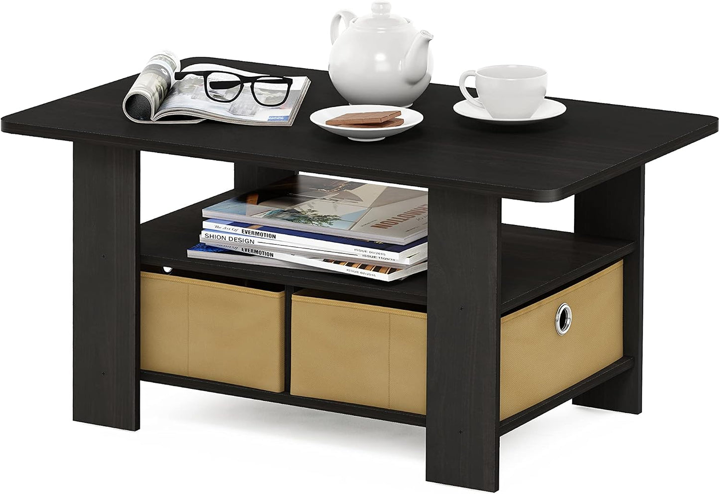 Furinno Coffee Table with Bins, Espresso/Brown — Espresso/Brown / 2 Bin