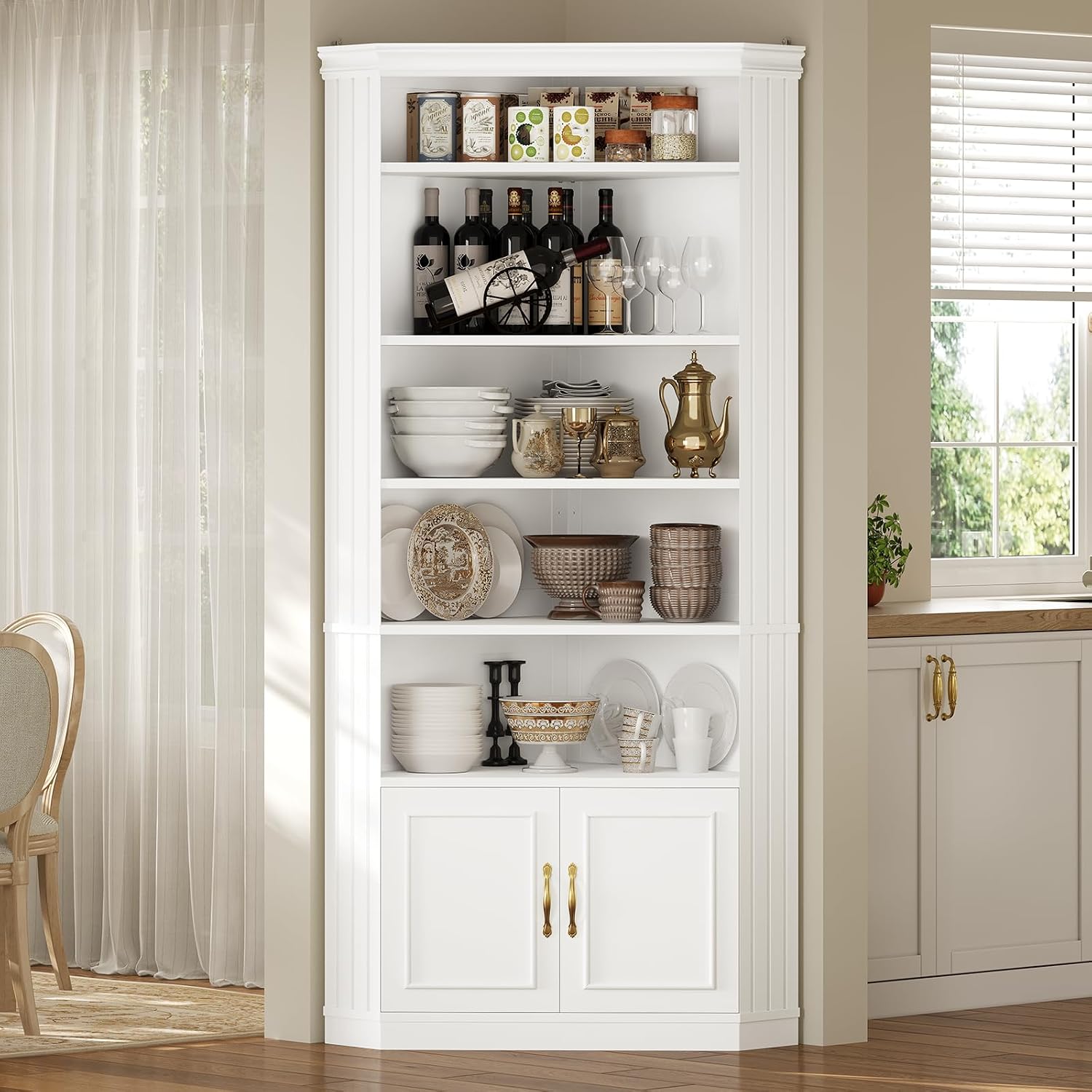 UPOSOJA 83” Tall Corner Bookshelf with Storage Cabinet, L-Shaped 5 Tier Bookcase Open Racks, Classical Style Bookshelves Adjustable Shelves, Home Office, Living Room & Kitchen — White (4)