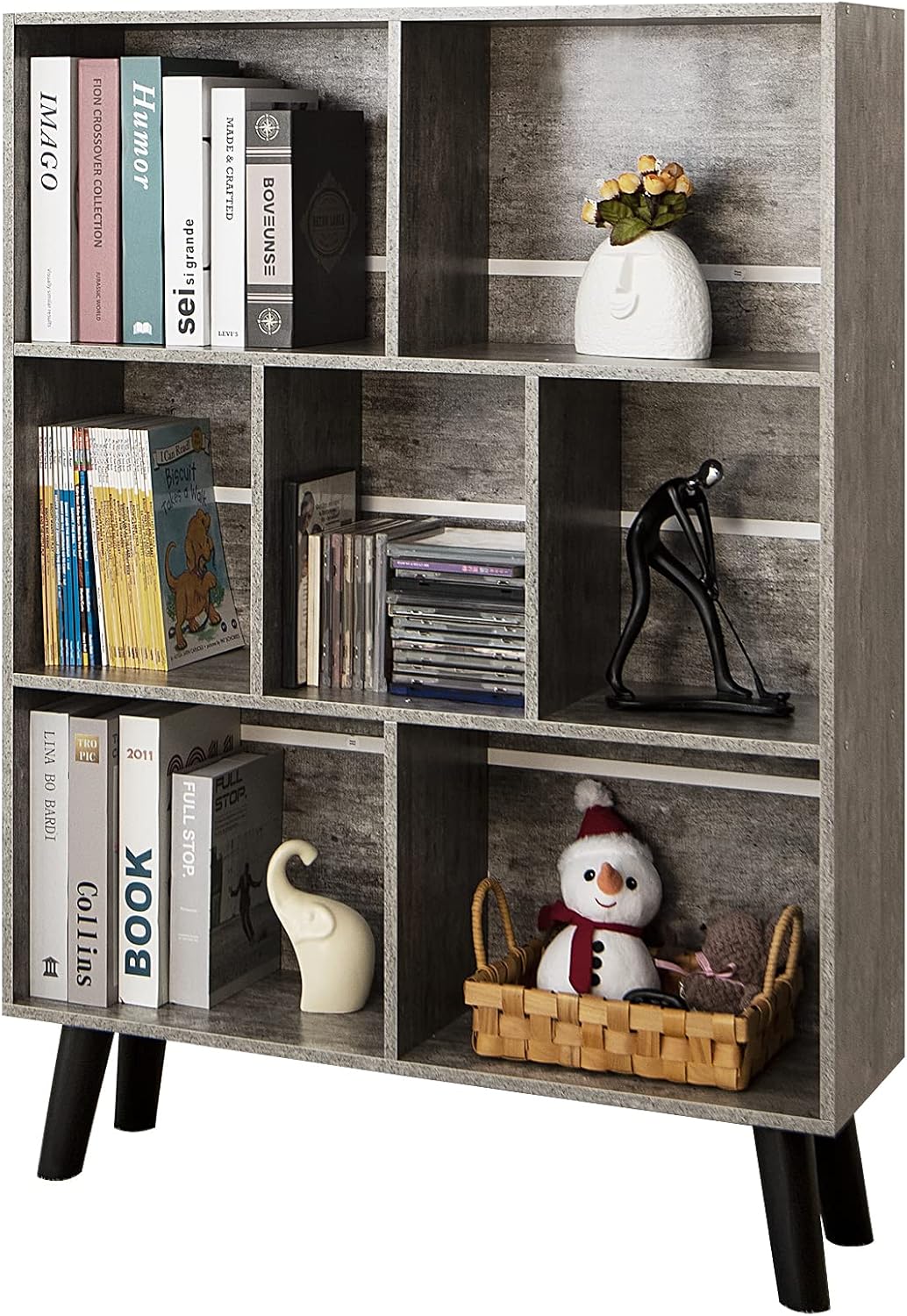 LEYAOYAO Cube Bookshelf 3 Tier Mid-Century Rustic Brown Modern Bookcase with Legs,Retro Wood Bookshelves Storage Organizer Shelf,Freestanding Open Book Shelves for Bedroom,Living Room,Office — Grey / 7 Cube with Legs