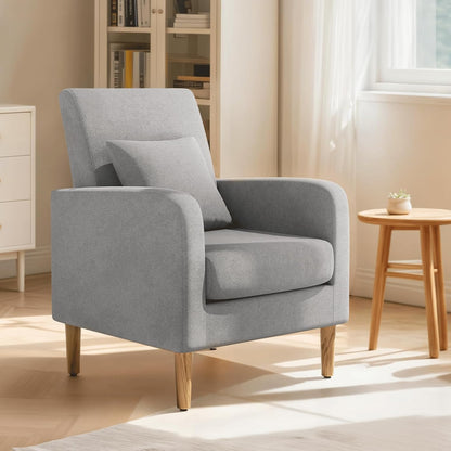 Magshion Accent Chair for Living Room, Comfy Mid-Century Reading Chair for Bedroom, Upholstered Linen Fabric Armchair Single Sofa with Back Pillow & Wood Legs, 300 lbs Capacity, Yellow — Grey
