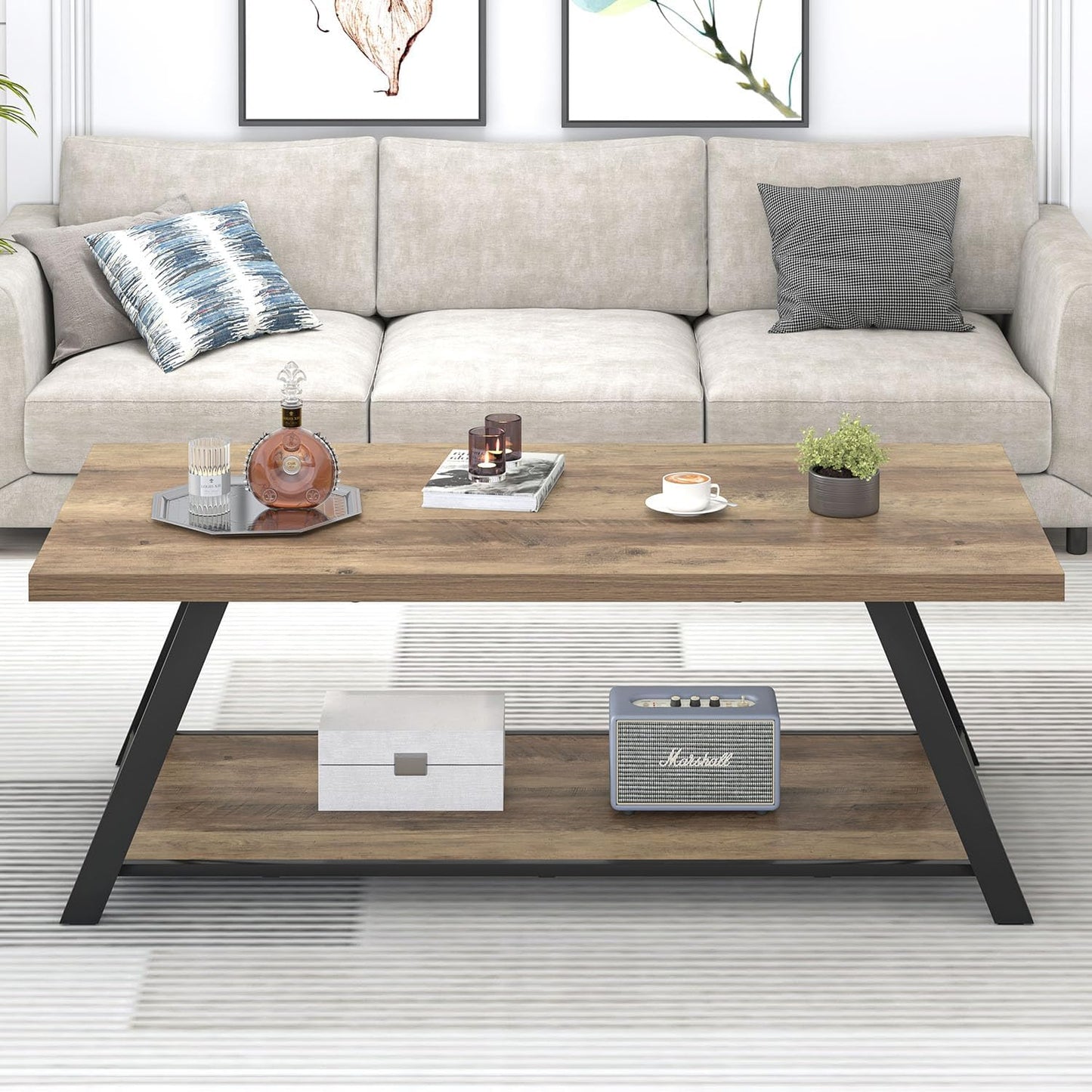 EXCEFUR Modern Coffee Table, Rectangle Center Table for Living Room with Storage Shelf, Industrial Wood and Metal Cocktail Tea Table, Rustic Oak, 47 Inch — Rustic Oak (7)