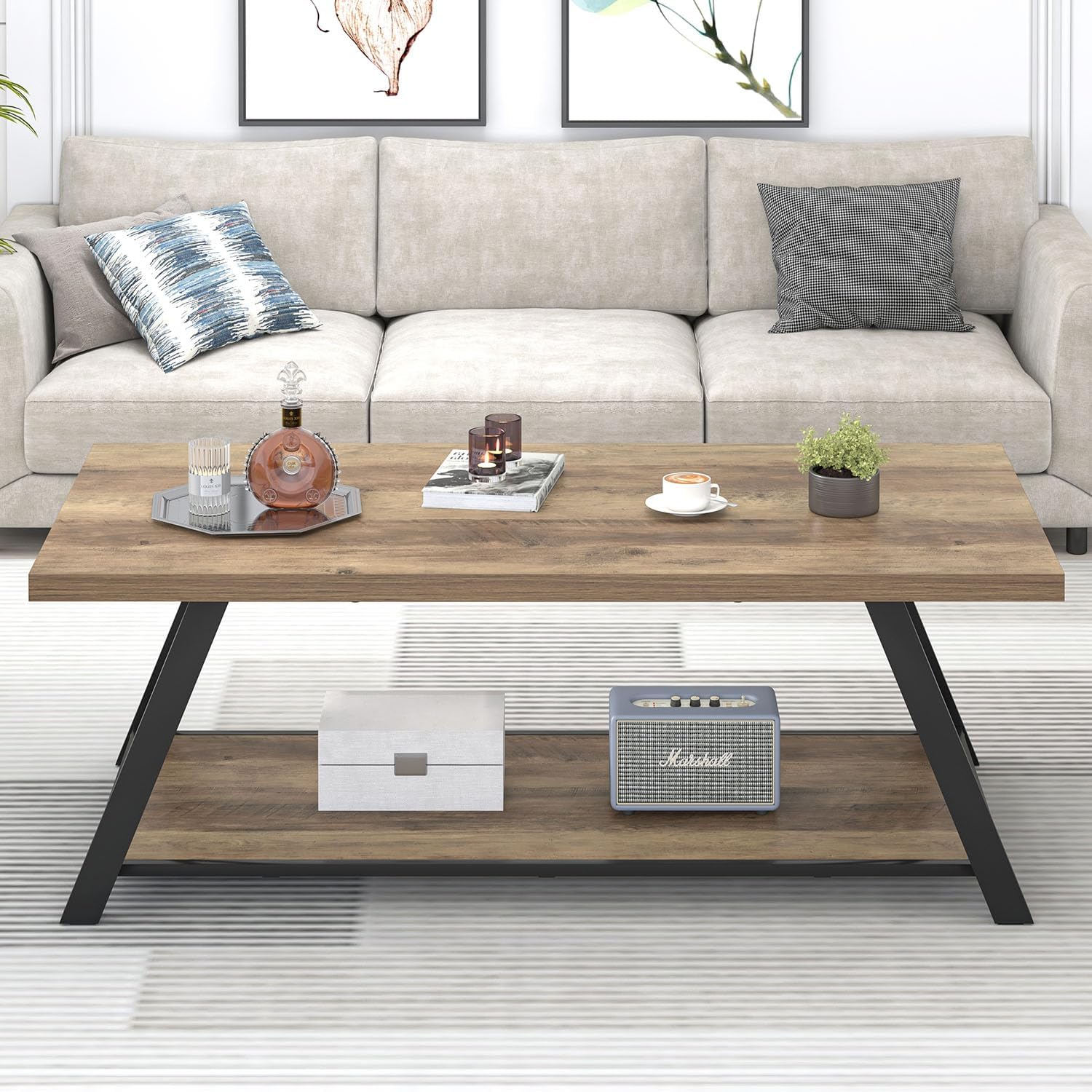 EXCEFUR Modern Coffee Table, Rectangle Center Table for Living Room with Storage Shelf, Industrial Wood and Metal Cocktail Tea Table, Rustic Oak, 47 Inch — Rustic Oak (7)
