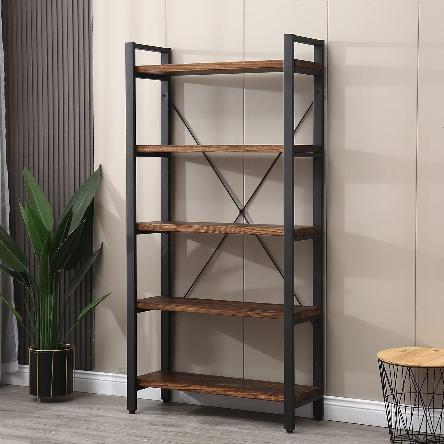 WH-AOERPUMY 5 Tier Bookcase, Solid Wood Bookshelf Rustic Vintage Industrial Etagere Bookcase, Metal and Wood Free Vintage Bookshelf, Retro Brown (5-Tiers) — 5-Tiers-Solid Wood (6)