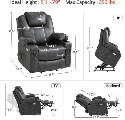 MCombo Electric Power Lift Recliner Chair Sofa with Massage and Heat for Elderly, 3 Positions, 2 Side Pockets, and Cup Holders, USB Ports, Faux Leather 7040 (Grey, Medium) — Medium / Grey (3)