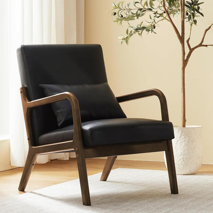 Achicsofar Accent Chair Mid Century Modern Armchair with Lumbar Support Pillow Wood Legs PU Leather Upholstered Lounge Chairs Comfy High Back Cushion for Living Room Bedroom — Matte Black / Large Size