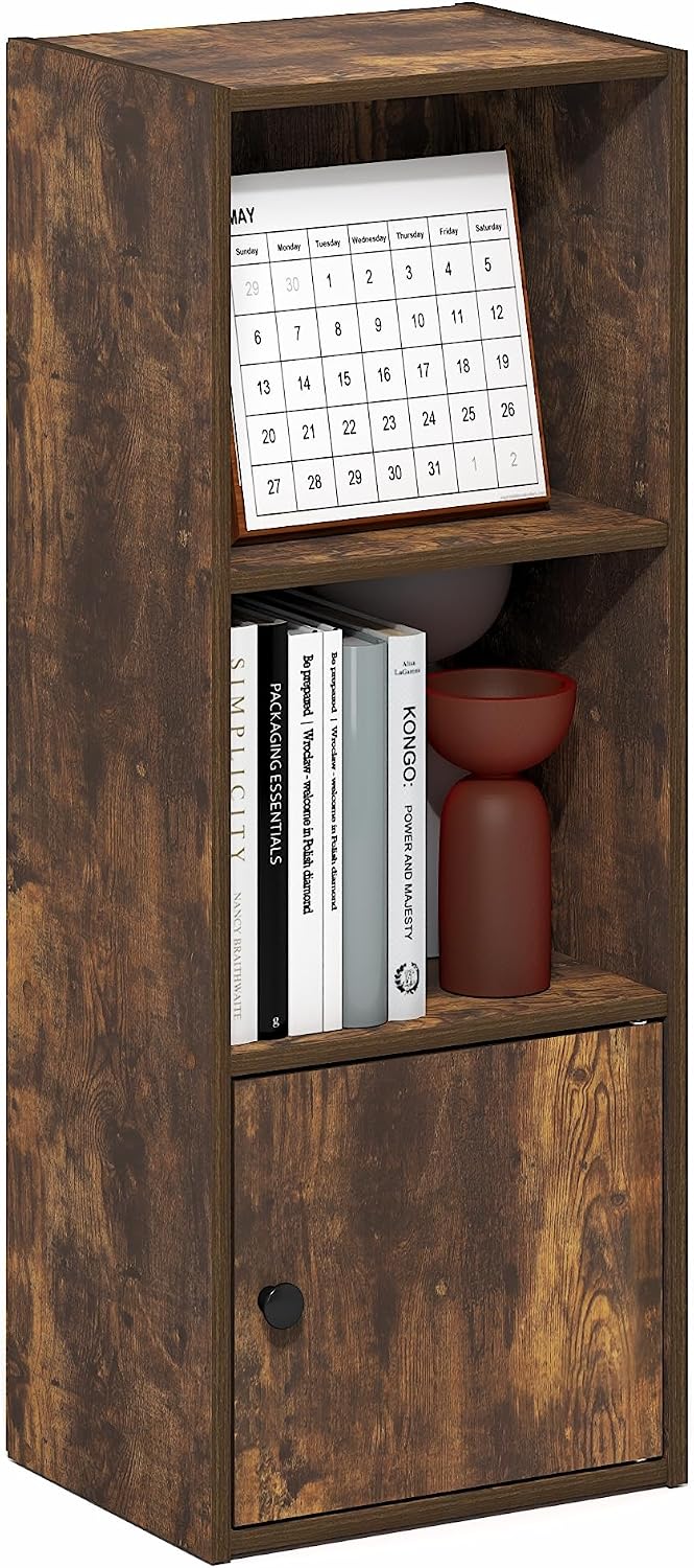 Furinno LUDER Book Shelf, 5-Cube Bookshelf, Reversible Bookcase, 9.4 x 19.5 x 31.5, Easy Assembly, for Living Room, Bedroom, Home Office, White — Amber Pine / 3-Cube with Cabinet