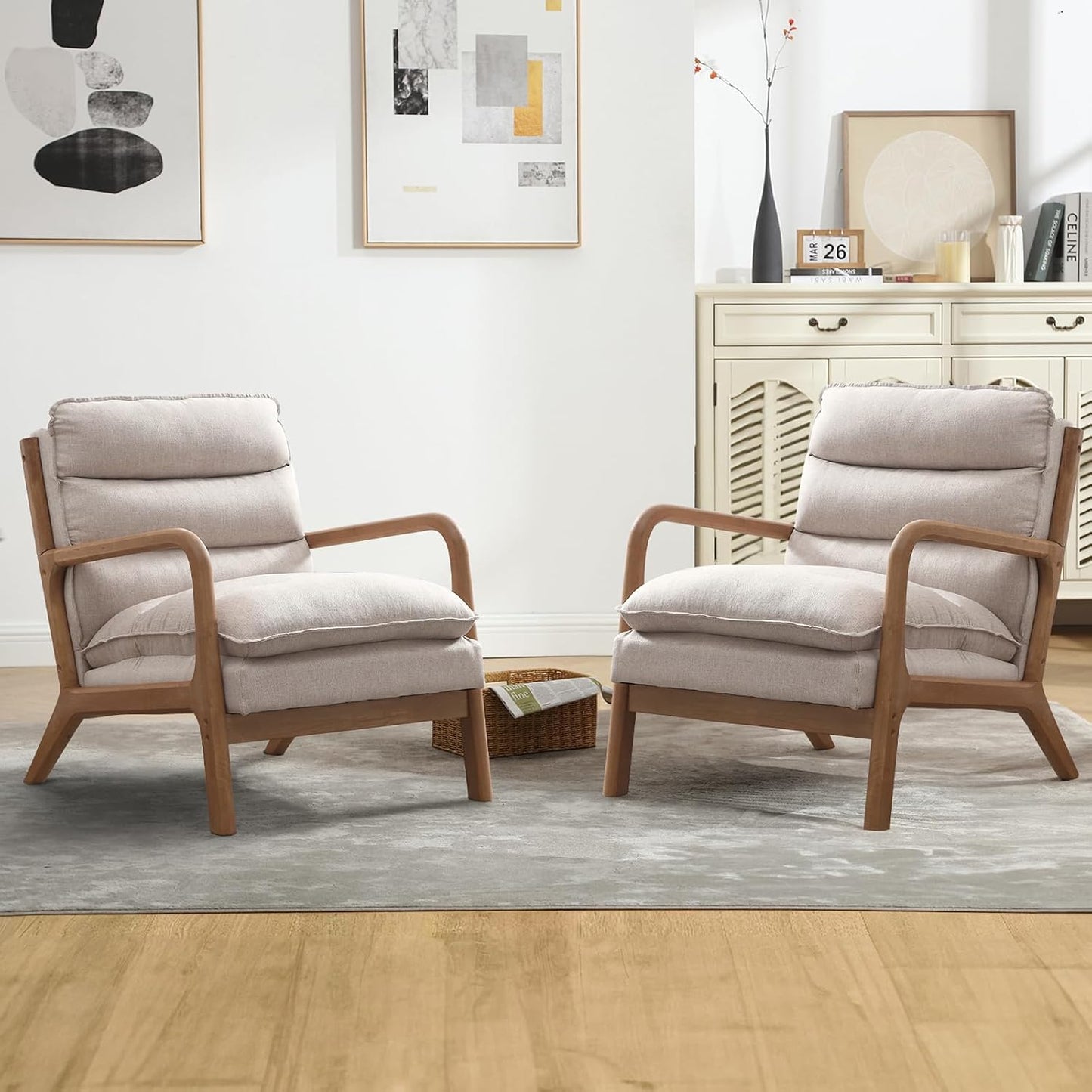 INZOY Mid Century Modern Accent Chair with Wood Frame, Upholstered Living Room Chairs with Waist Cushion, Reading Armchair for Bedroom Sunroom (Beige)